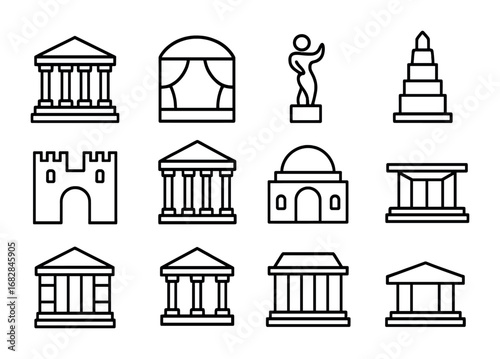 Cultural Landmark Icons. Outline icon set of cultural landmarks: museum building, theater, art sculpture,