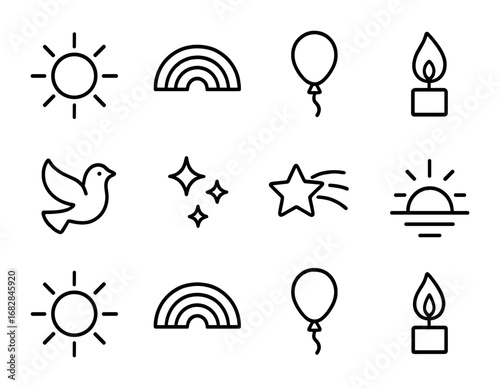 Optimism Icon Set. Outline icon set of optimism and hope: shining sun, rainbow, balloon, candle flame, dove,