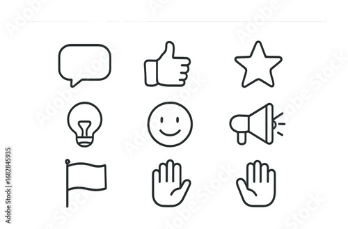 Encouragement Icons Grid. Outline icon set of encouragement: speech bubble, thumbs up, star, light bulb,
