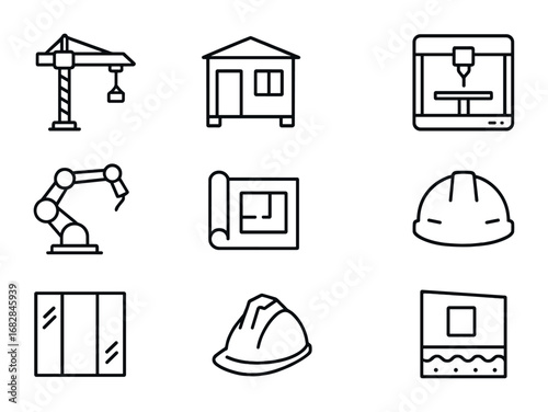 Innovative Construction Icons. Outline icon set of innovative construction: crane, modular unit, 3D printer,