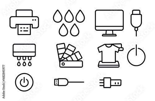 Digital Printing Icons. Outline icon set of digital printing: inkjet printer, CMYK ink drops, computer screen,