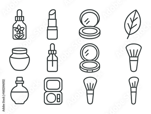 Herbal Makeup Icons. Outline icon set of herbal makeup: flower essence bottle, tinted balm, pressed powder,