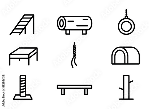 Goat Enrichment Icons. Outline icon set of goat enrichment: climbing ramp, log, tire toy, platform, hanging