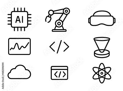 Futuristic Skills Icons. Outline icon set of future skills: AI chip, robot arm, VR headset, data graph, coding