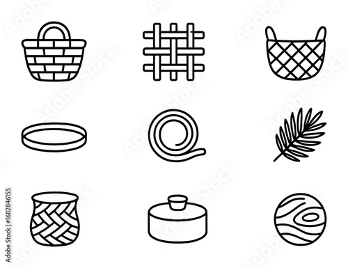 Natural Material Icons. Outline icon set of natural materials: wicker basket, rattan weave, seagrass basket,