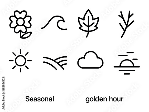 Seasonal Icons Grid. Outline icon set of seasonal golden hour: spring bloom, summer wave, autumn leaf, winter