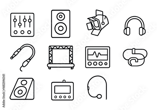 Sound Setup Icons. Outline icon set of sound and stage setup: mixer board, loudspeaker, spotlight, wiring