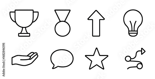 Encouragement Icon Set. Outline icon set of advice and encouragement: trophy, medal, upward arrow, light bulb,