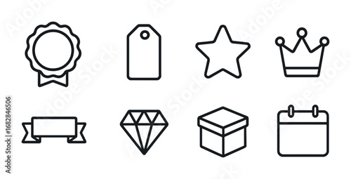 Limited Edition Icons. Outline icon set of limited edition collection: badge, label tag, exclusive star, crown