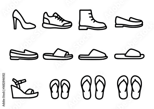 Footwear Icon Set. Outline icon set of footwear collection: high heels, sneakers, boots, loafers, sandals,