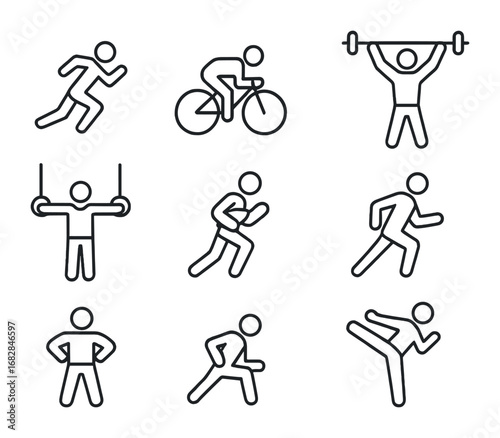Sports Icon Grid. Outline icon set of sports and muscles: sprinter, cyclist, swimmer, weightlifter, gymnast,