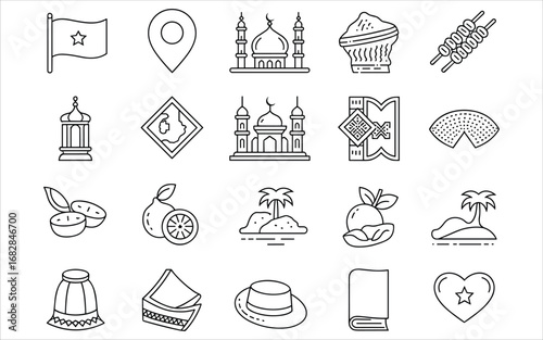 Islamic Icons Set Ramadan Kareem Symbols Mosque Food Flag And Palm Trees Muslim religion