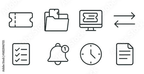 Ticket Management Icons. Outline icon set of ticket management: ticket stub, folder, computer monitor, arrows,