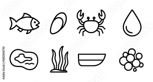 Aquatic Species Icons. Outline icon set of invasive aquatic species: fish, mussel, crab, water droplet, lake,