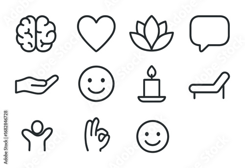 Mental Health Icons. Outline icon set of mental health support: brain, heart, lotus flower, chat bubble,