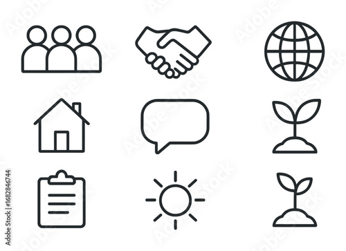 Community Support Icons. Outline icon set of community support: group of people, handshake, globe, house, chat