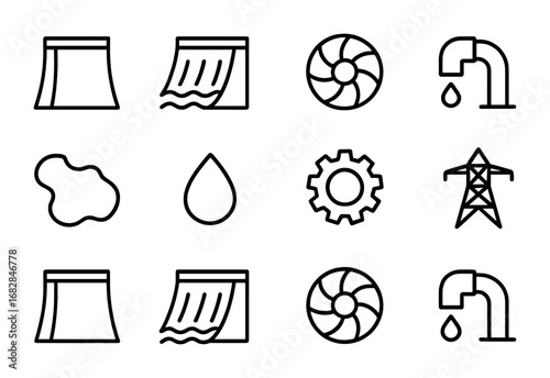 Dams and Reservoirs Icons. Outline icon set of dams and reservoirs: dam wall, water flow, turbine, pipe,