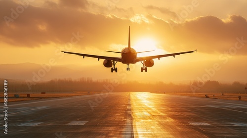 Airplane landing on runway at sunset. Air travel and transportation concept. Golden hour flight for vacation.