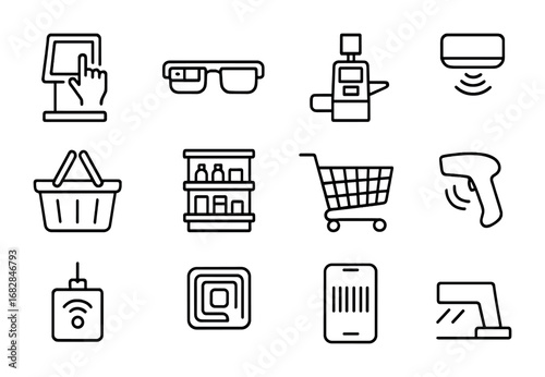 Smart Retail Icon Set. Outline icon set of smart retail stores: touchscreen kiosk, AR glasses, self-checkout,
