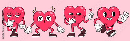 Cartoon groovy heart characters with leg and arms in retro style - pink mascots with different expressions, black shoes and white gloves. Cute Valentine or love emoticon stickers and decorations.