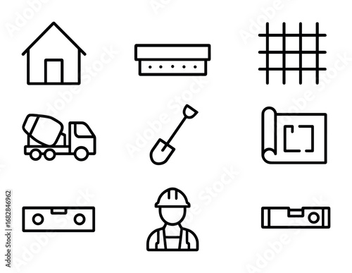 Residential Foundation Icon Set. Outline icon set of residential foundation work: house outline, slab base,