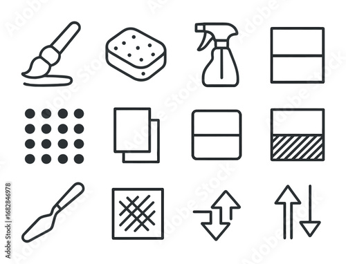 Art Icon Set. Outline icon set of painting techniques: brush stroke, sponge, spray bottle, palette knife, dot