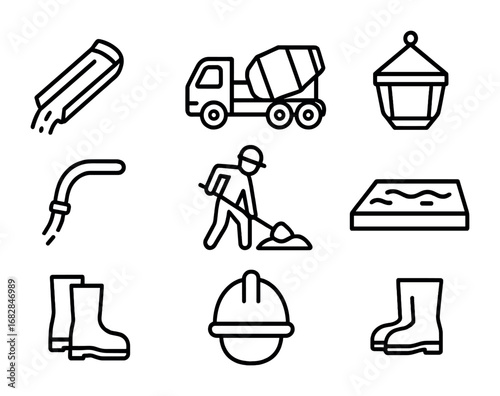 Concrete Icons Set. Outline icon set of concrete pouring: chute, concrete truck, bucket, pump hose, worker