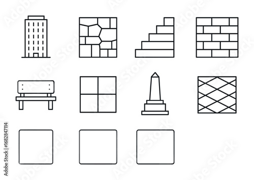 Modern Stone Icon Set. Outline icon set of modern stone architecture: skyscraper, stone facade, stairs, lobby