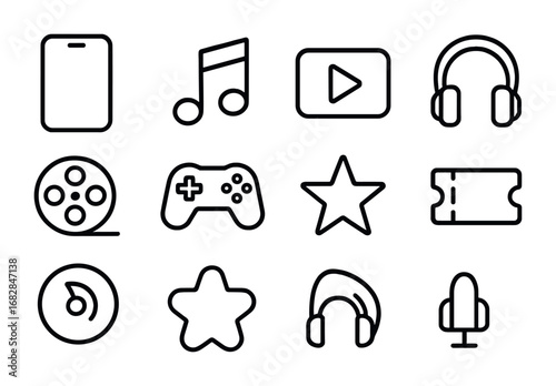 Entertainment App Icons. Outline icon set of entertainment apps: smartphone, music note, video play button,