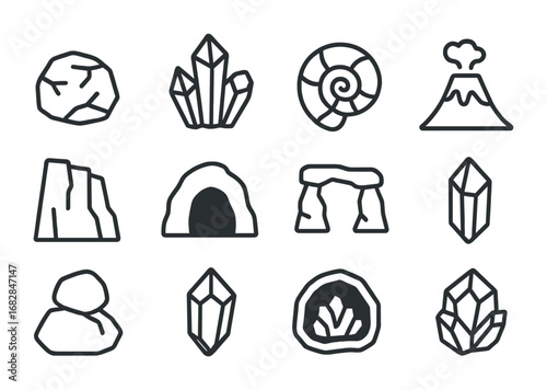 Geological Icon Set. Outline icon set of geological designs: rock, crystal, fossil, volcano, cliff, cave,