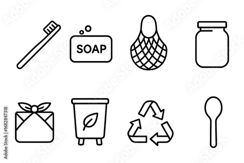 Zero Waste Icons. Outline icon set of zero waste lifestyle: bamboo toothbrush, soap bar, reusable bag, jar,
