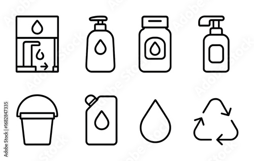 Refillable Products Icons. Outline icon set of refillable products: refill station, soap bottle, shampoo jar,