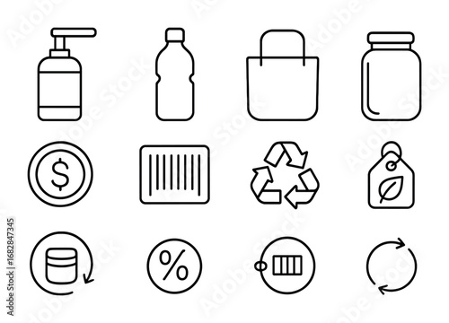 Refill Station Icons. Outline icon set of refill stations in retail: dispenser, reusable bottle, shopping bag,