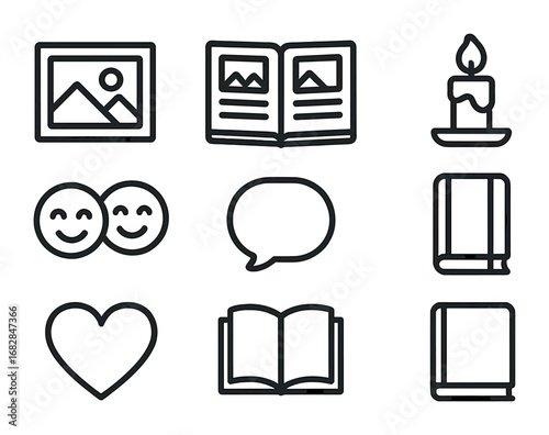 Memory Sharing Icons. Outline icon set of memory sharing: photo frame, scrapbook, candle, smiling faces,