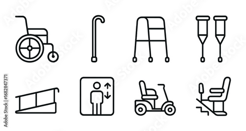 Senior Mobility Icons. Outline icon set of senior mobility aids: wheelchair, cane, walker, crutches, ramp,