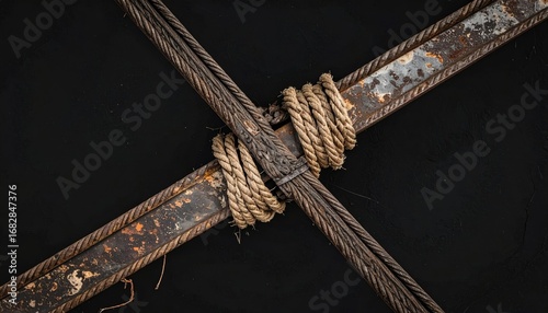 Close-up of rusted metal crossed with thick ropes on a dark surface, creating an abstract, textural composition with a vintage or industrial feel