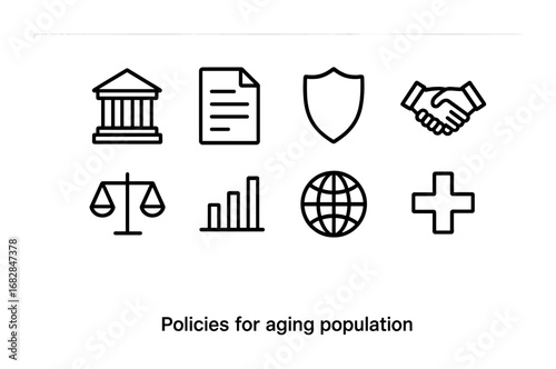 Aging Policy Icon Set. Outline icon set of policies for aging population: government building, document,