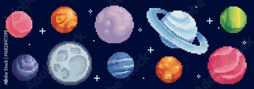 Colorful pixel planet set with space elements - moon and gas giants, ringed worlds and terrestrial spheres on dark blue cosmos background. 8 bit celestial bodies for retro game or sci fi artwork.
