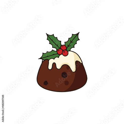 Cartoon illustration of a Christmas pudding with white icing and holly berries on top, isolated on a white background.