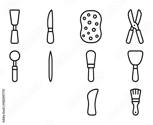 Sculpting Tools Icons. Outline icon set of sculpting tools: chisel, carving knife, sponge, wire cutter, loop