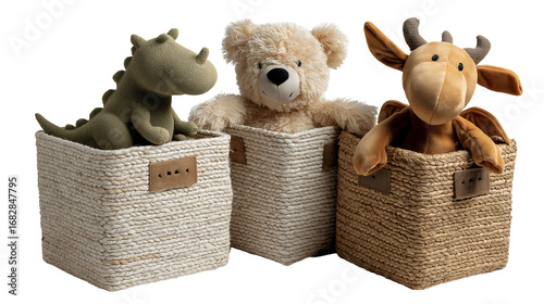 Natural storage baskets filled with cute stuffed animals, dinosaur teddy bear and moose for children nursery bedroom organization and toy storage on transparent background.