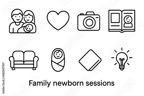 Newborn Session Icons. Outline icon set of family newborn sessions: parents, baby, heart, camera, photo album,
