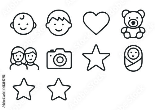 Baby Photography Icons. Outline icon set of baby and sibling photography: baby, child, heart, toy bear,