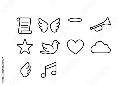 Divine Messenger Icons. Outline icon set of divine messengers: scroll, angel wings, halo, trumpet, star, dove,
