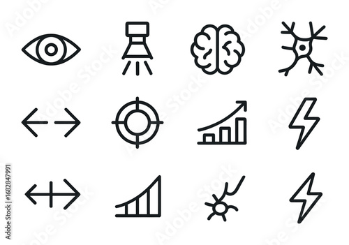 Visual Attention Icons. Outline icon set of visual attention networks: eye, spotlight, brain, neuron, arrows,