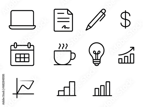 Freelance Icon Grid. Outline icon set of freelancing lifestyle: laptop, contract, pen, dollar sign, calendar,