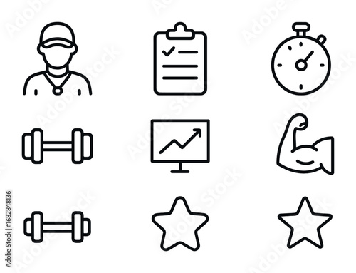 Personal Training Icons. Outline icon set of personal training: coach figure, whistle, clipboard, stopwatch,