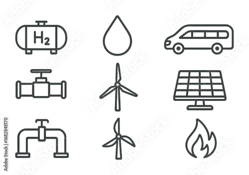 Hydrogen Fuel Icons. Outline icon set of hydrogen fuel: H2 tank, droplet, car, bus, pipeline, wind turbine,