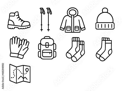Cold Weather Hiking Icons. Outline icon set of hiking in cold weather: hiking boots, trekking poles, parka,