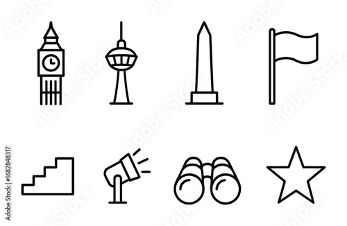 Landmark Tower Icons. Outline icon set of landmark towers: clock tower, observation deck, monument, flag,